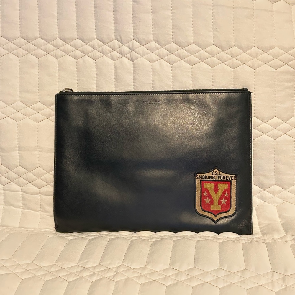 Yves Saint Laurent Black Leather Pouch with Red Patch